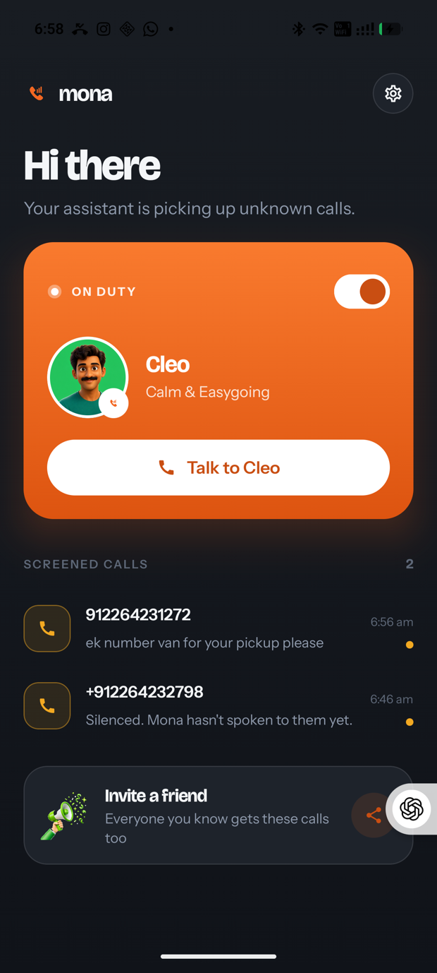 Mona home screen showing screened calls